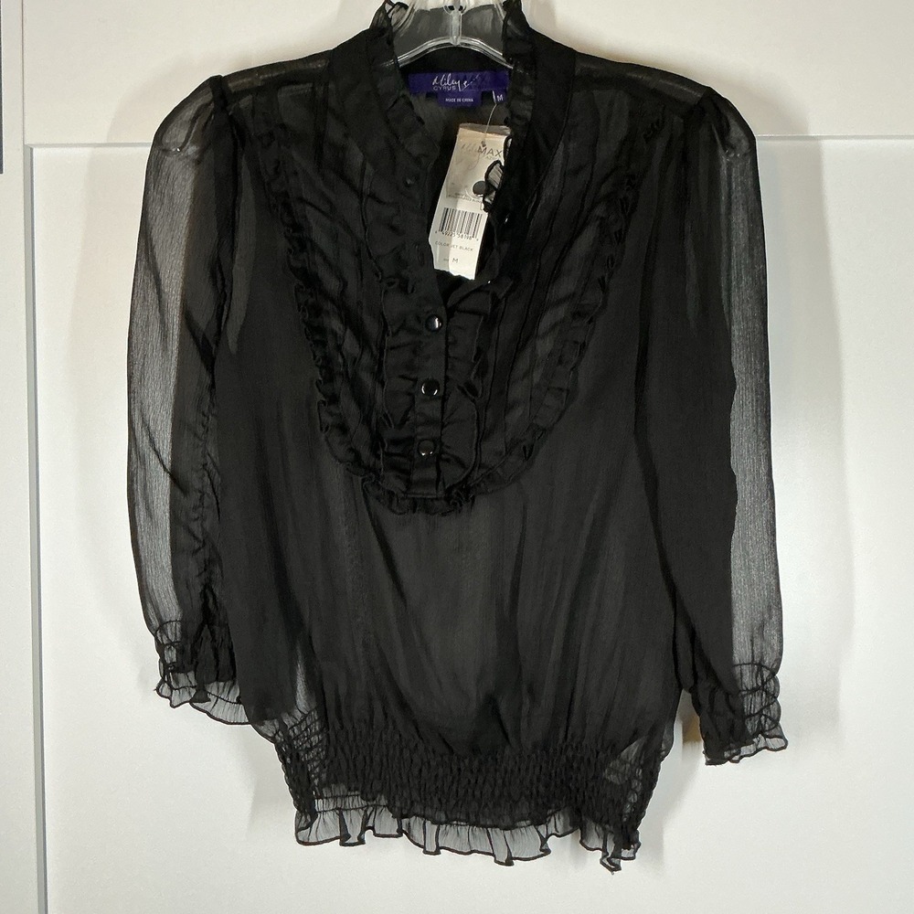 Miley Cyrus Max Azria Women's Black Sheer‎ Ruffle Neck Fairy Grunge Whimsigoth M